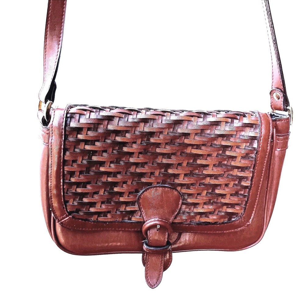 Vintage La Regale Woven Leather Crossbody Bag Cognac Brown Magnetic Messenger